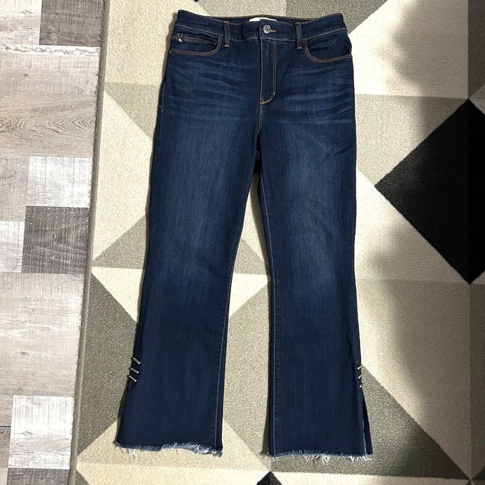 Skinnygirl Julie High Rise Crop‎ Flare Raw Hem Studded Detail Jeans Women's 29/8
